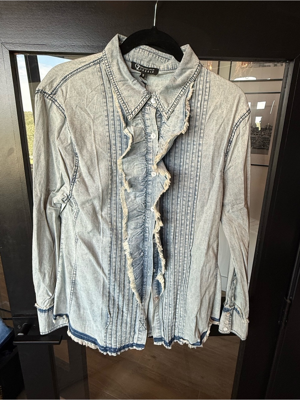 Chambray Ruffle-Front Button Down Shirt - Light Blue